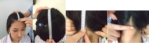 額の髪の生え際から頭頂部を経由してネープ部分まで計測するイメージ